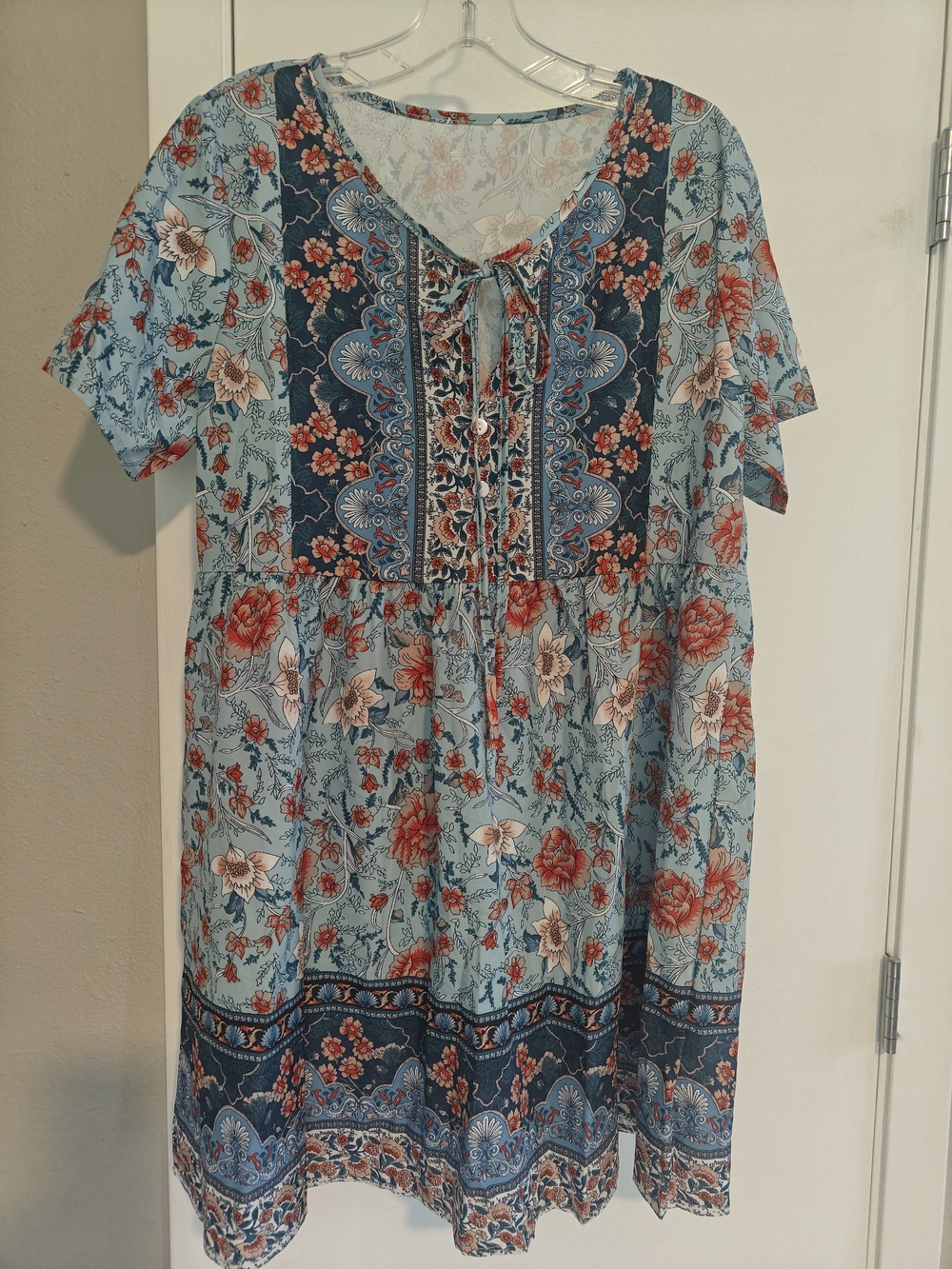 Light Blue Floral Boho Tie-Front Dress